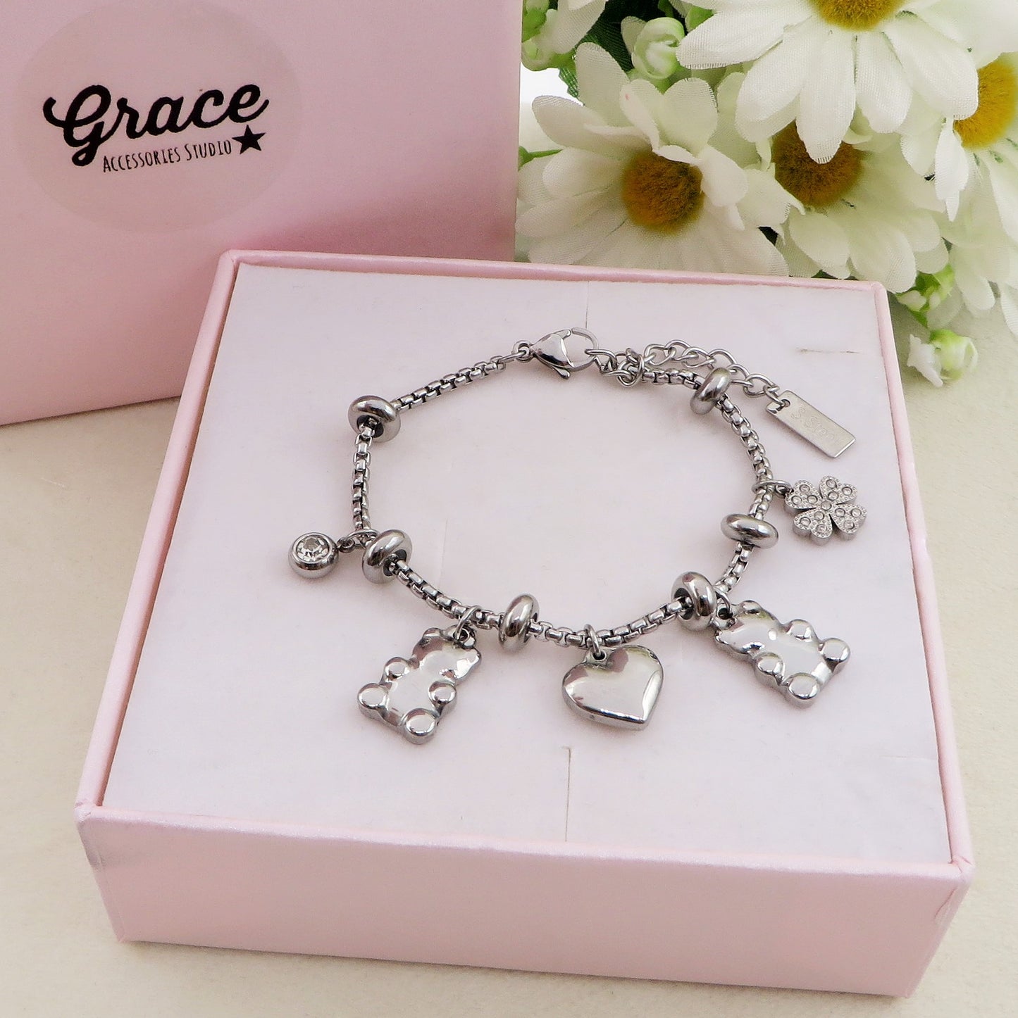 TEDDY CLOVER - Bracciale con orsetti, quadrifoglio e cuori pendenti bombe' ACCIAIO INOSSIDABILE