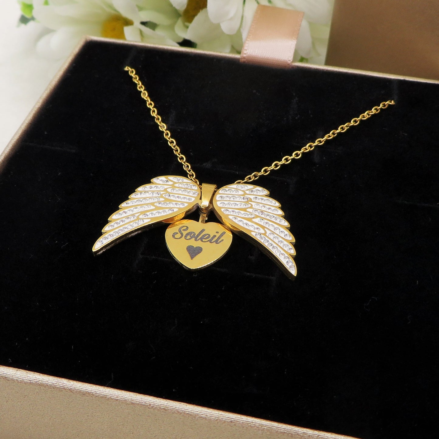 ANGEL HEART ~ ACCIAIO inossidabile - Collana ciondolo ali zirconate apribili con incisione PERSONALIZZATA