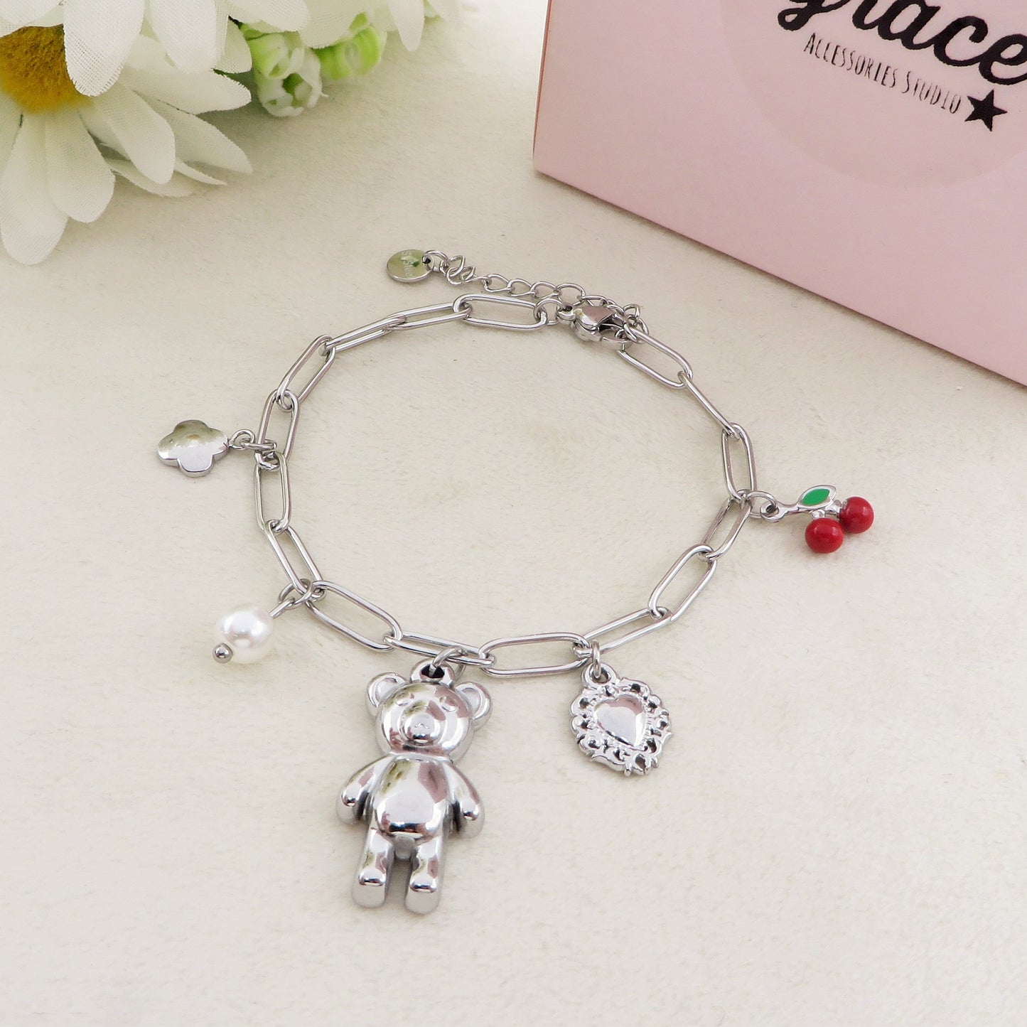 CHERRY TEDDY - ACCIAIO inossidabile - Bracciale catena charms orsetto, ciligie, cuore sacro