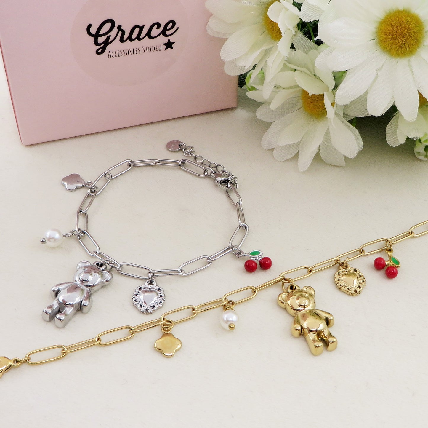 CHERRY TEDDY - ACCIAIO inossidabile - Bracciale catena charms orsetto, ciligie, cuore sacro