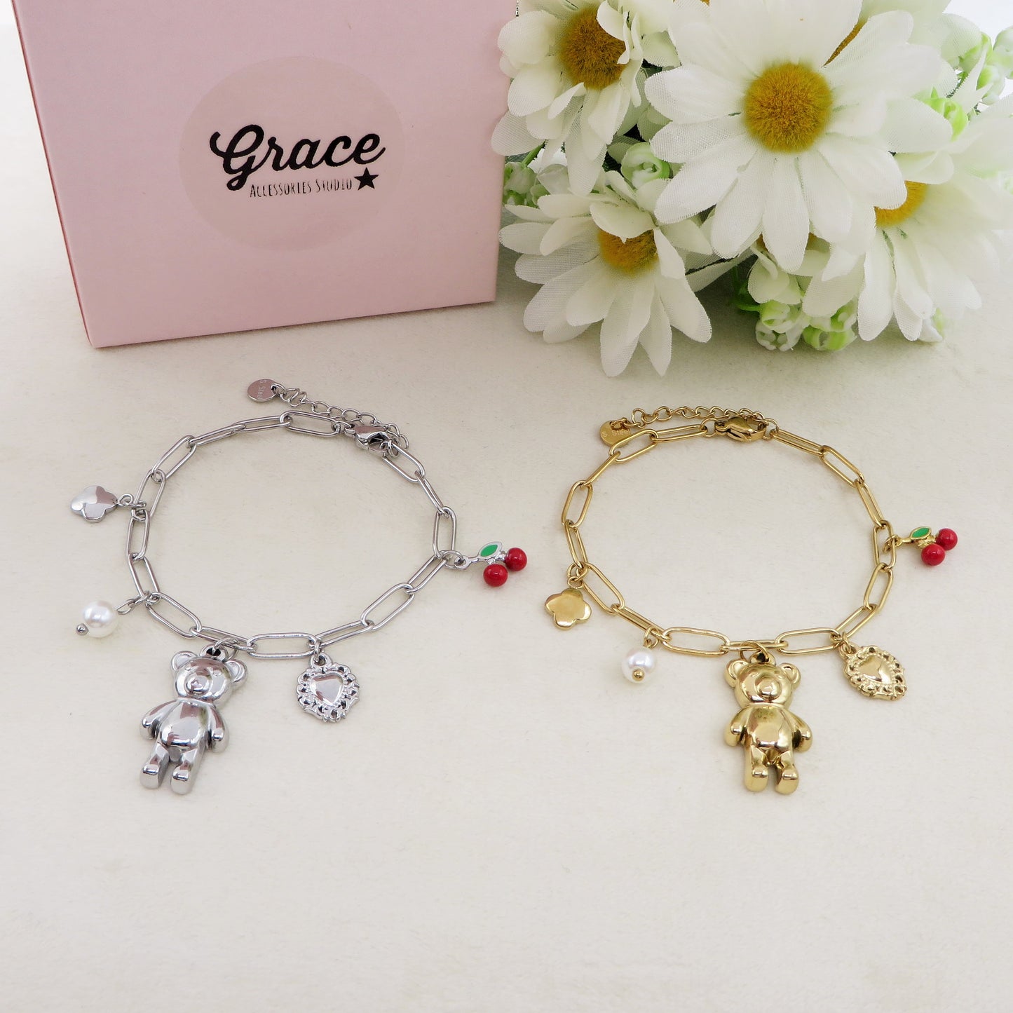 CHERRY TEDDY - ACCIAIO inossidabile - Bracciale catena charms orsetto, ciligie, cuore sacro