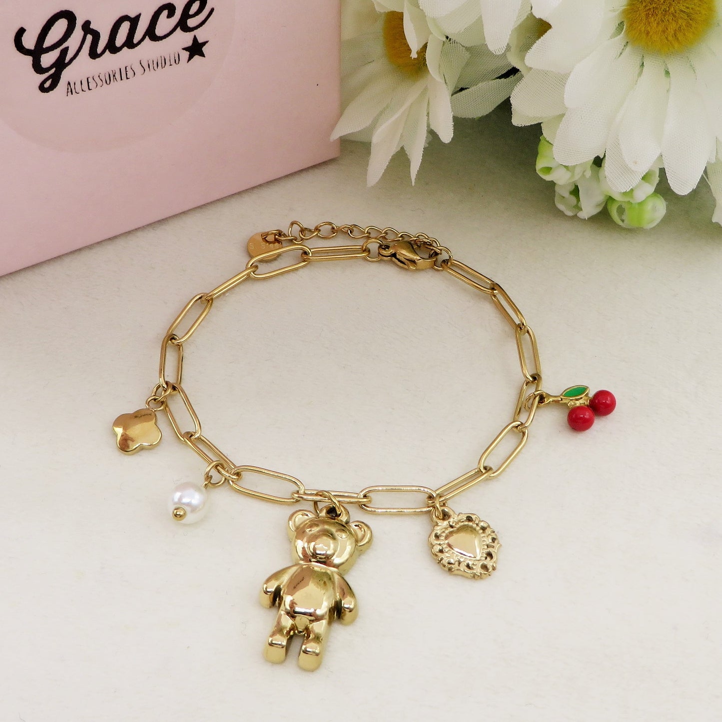 CHERRY TEDDY - ACCIAIO inossidabile - Bracciale catena charms orsetto, ciligie, cuore sacro