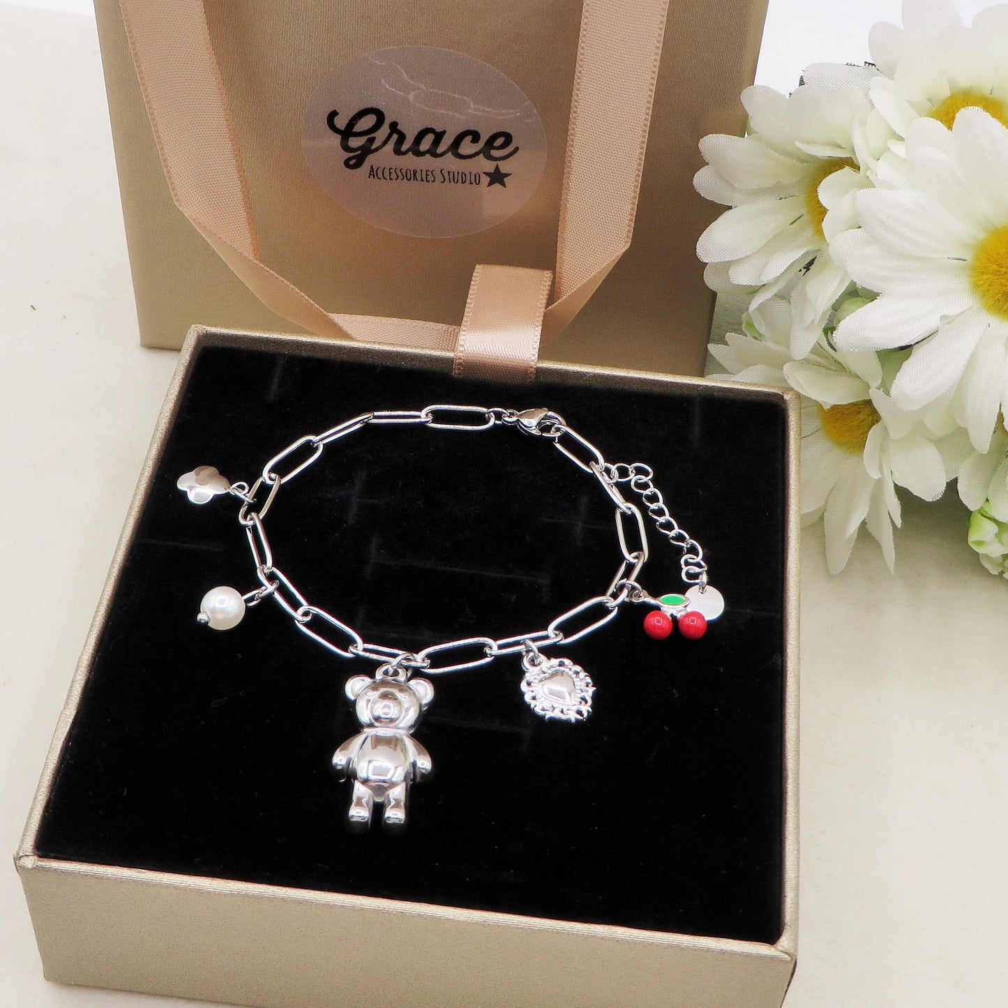 CHERRY TEDDY - ACCIAIO inossidabile - Bracciale catena charms orsetto, ciligie, cuore sacro