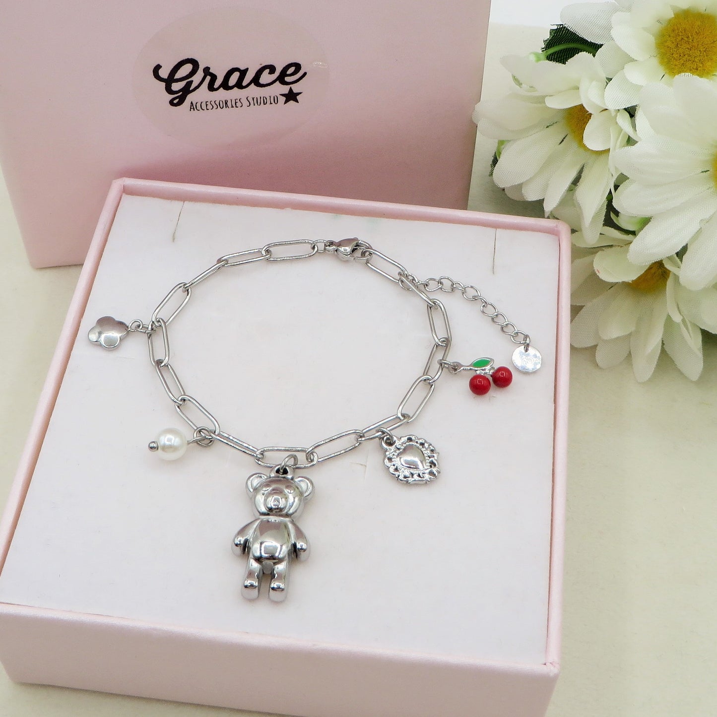 CHERRY TEDDY - ACCIAIO inossidabile - Bracciale catena charms orsetto, ciligie, cuore sacro