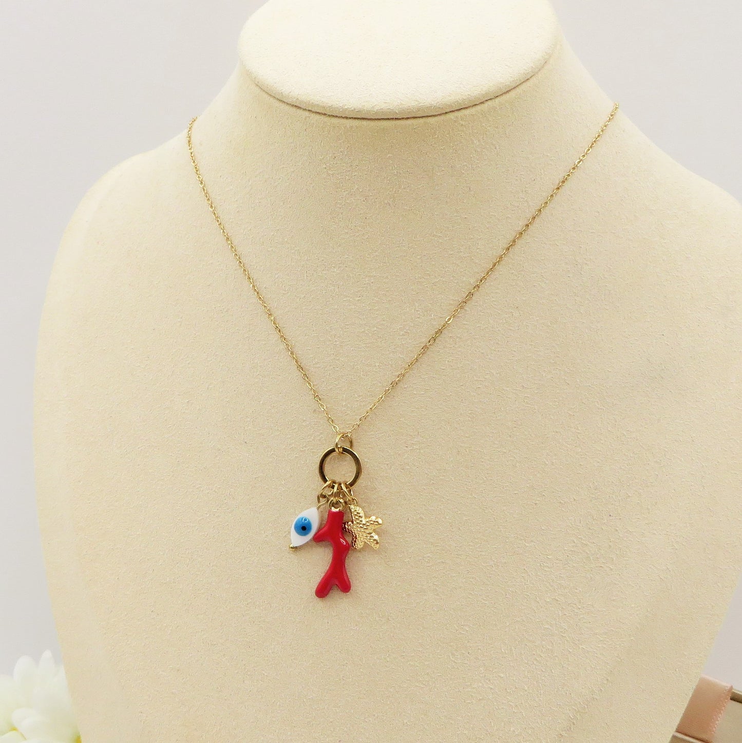CORALINE Collana ~ ACCIAIO INOSSIDABILE - Collana catenina con ciondoli marini, corallo, stella marina e occhio greco
