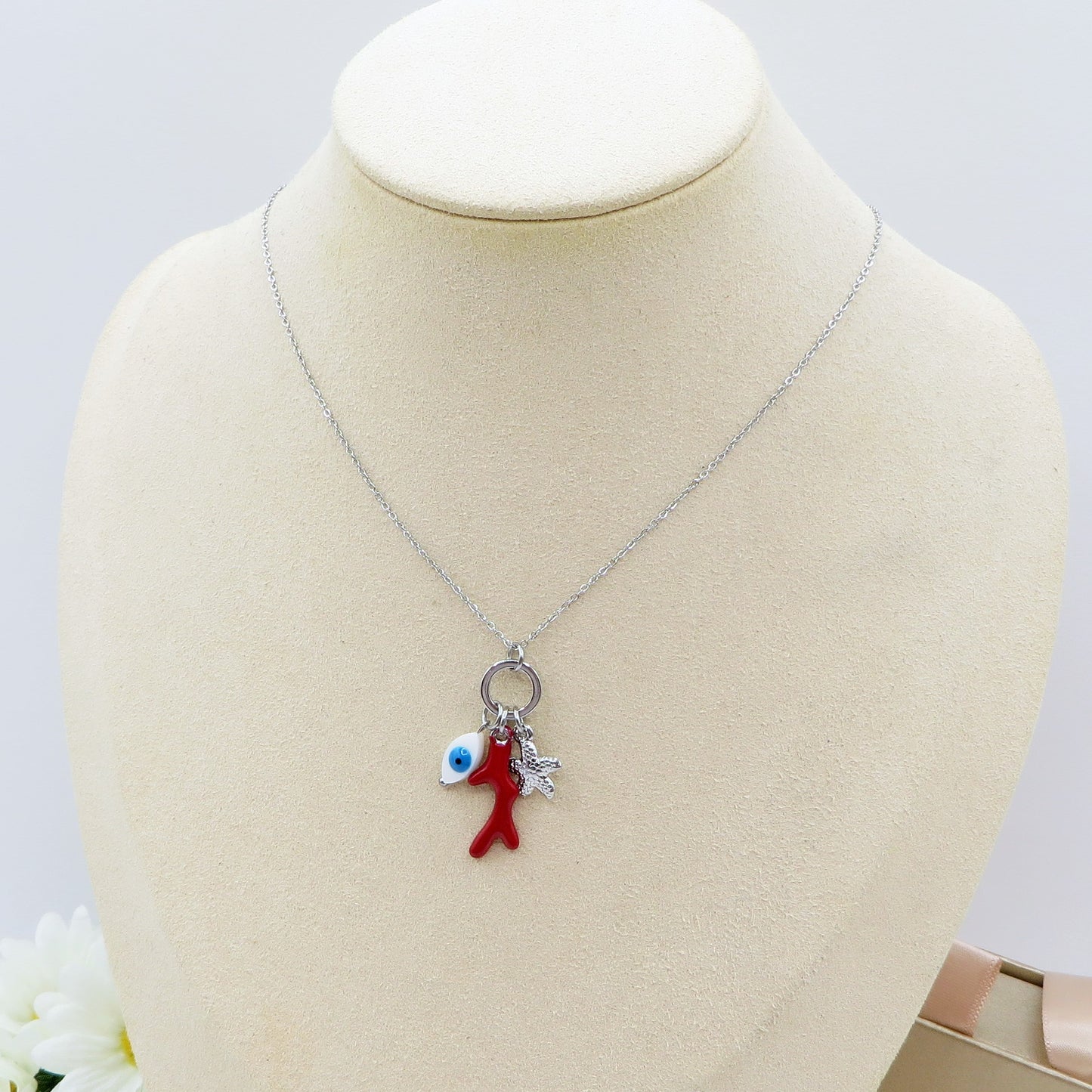 CORALINE Collana ~ ACCIAIO INOSSIDABILE - Collana catenina con ciondoli marini, corallo, stella marina e occhio greco