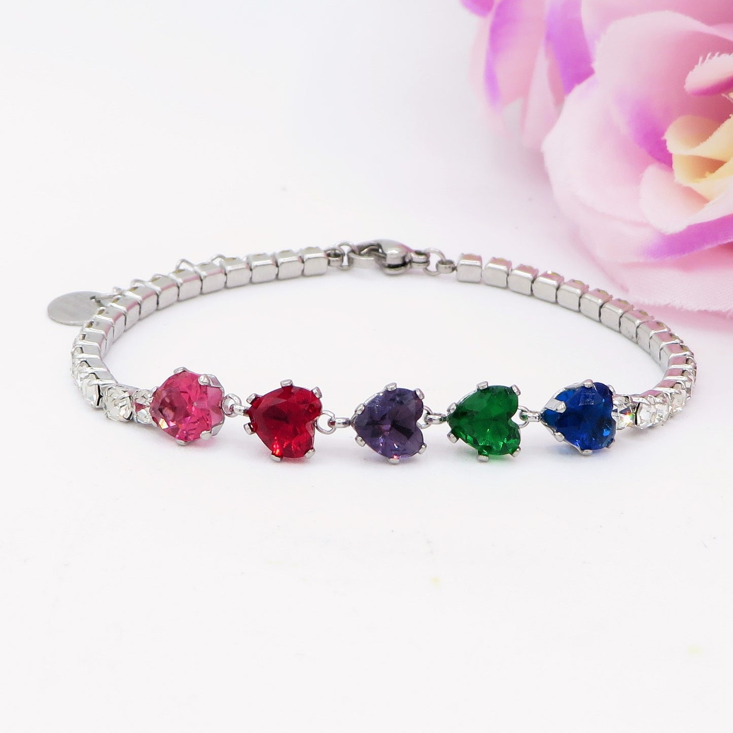 PENELOPE ~ Bracciale tennis cuori cubic zirconia ACCIAIO INOSSIDABILE regolabile