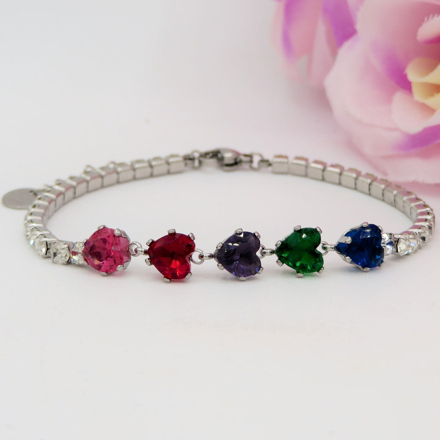 PENELOPE ~ Bracciale tennis cuori cubic zirconia ACCIAIO INOSSIDABILE regolabile