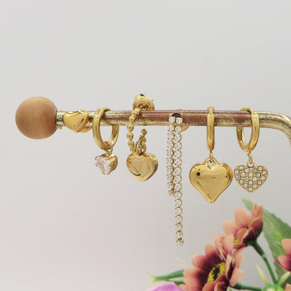 LOVE Set 6 orecchini - ACCIAIO INOSSIDABILE - 6 Orecchini pendenti cuori bombè con cubic zirconia