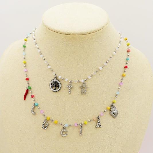 ROSARY NAME SILVER  - Collana perle cristallo a rosario  Con Nome personalizzabile in Acciaio Inox