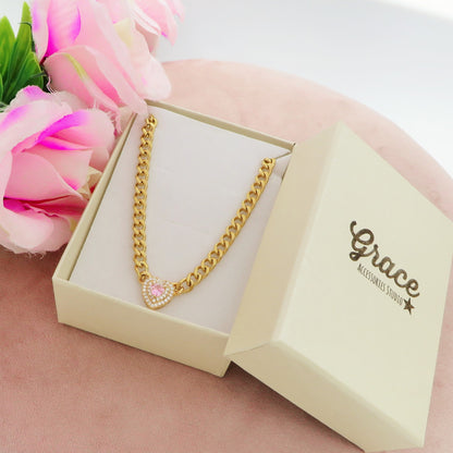 JASMINE ~ ACCIAIO INOSSIDABILE - collana choker in catena con Cubic zirconia a forma di cuore