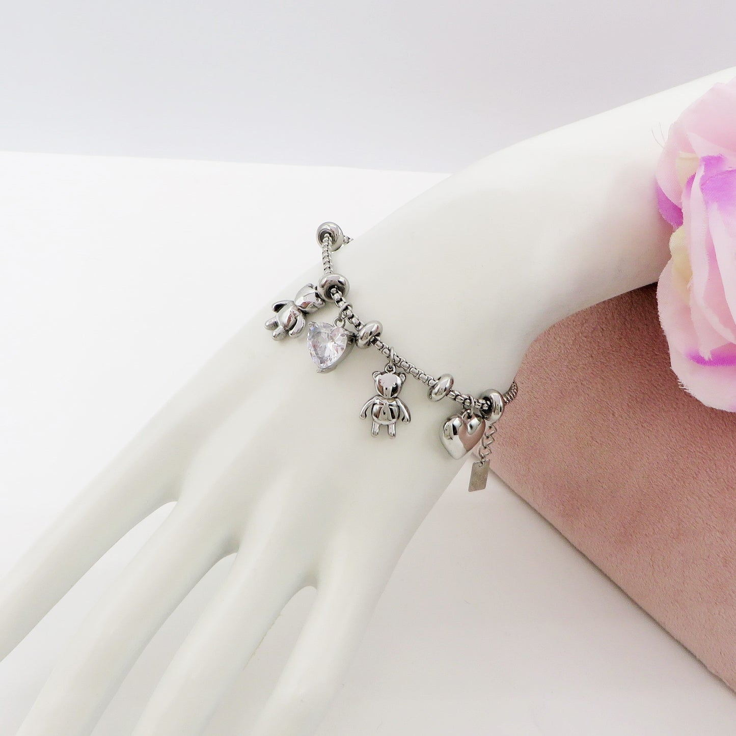 TEDDY - Bracciale con orsetti e cuori pendenti bombe' ACCIAIO INOSSIDABILE