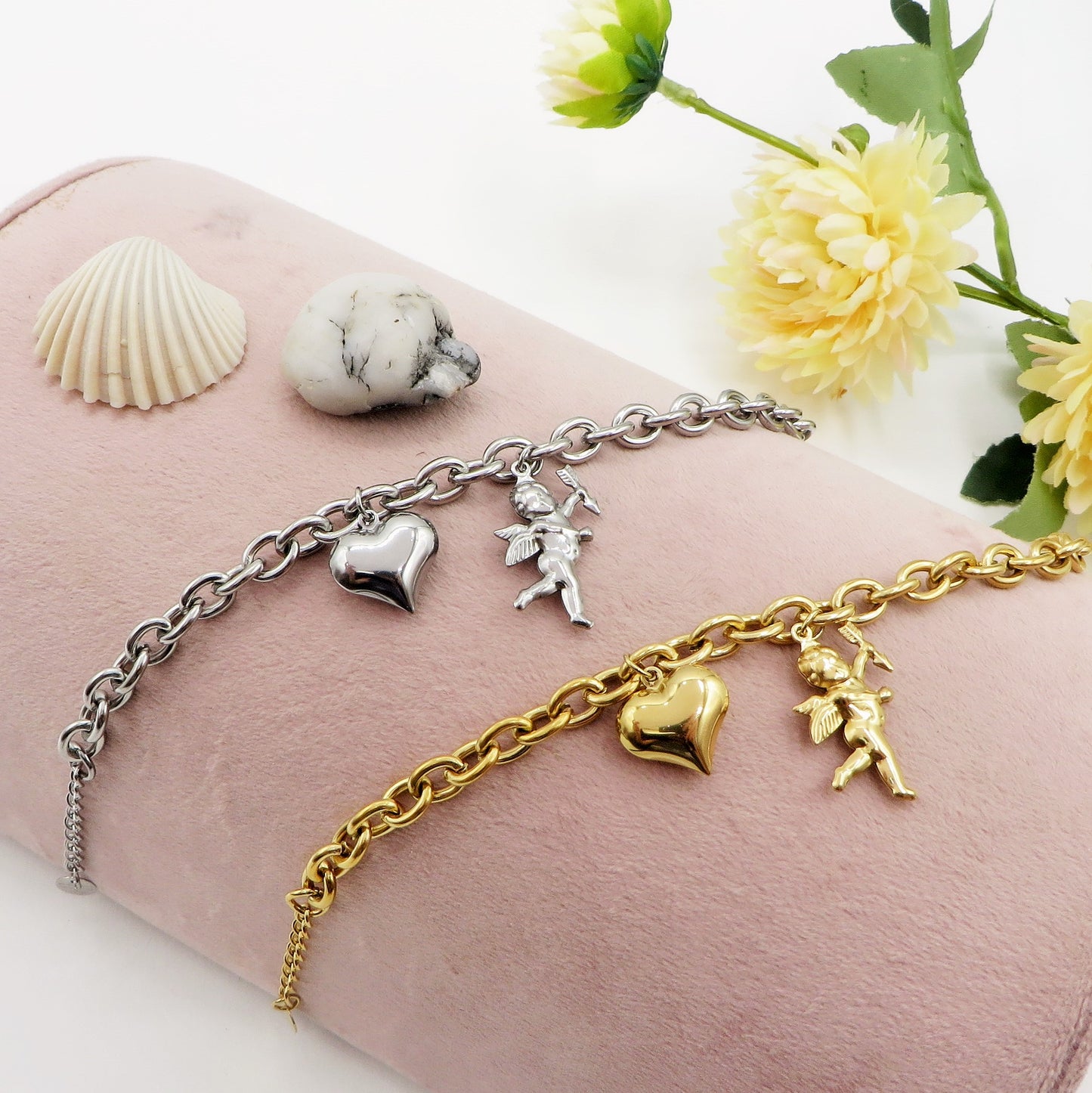 CUPID- Bracciale con angelo cupido e cuore bombe' ACCIAIO INOSSIDABILE