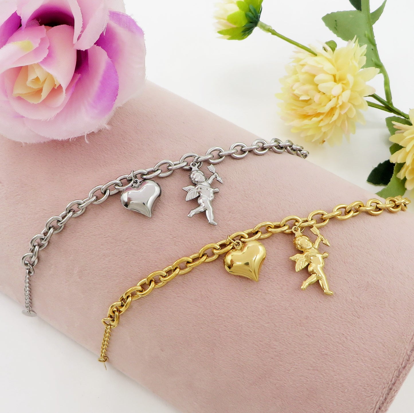 CUPID- Bracciale con angelo cupido e cuore bombe' ACCIAIO INOSSIDABILE
