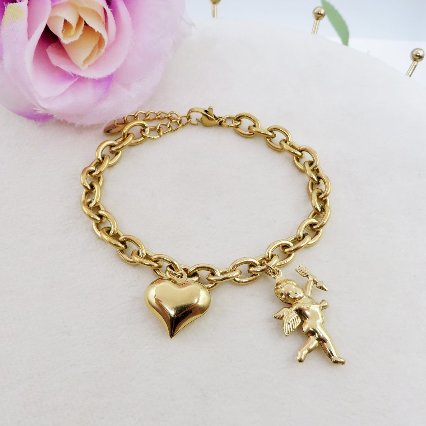 CUPID- Bracciale con angelo cupido e cuore bombe' ACCIAIO INOSSIDABILE