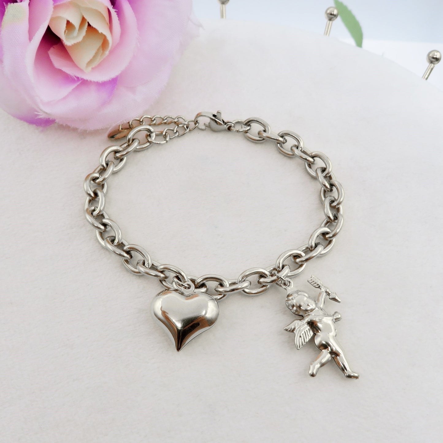 CUPID- Bracciale con angelo cupido e cuore bombe' ACCIAIO INOSSIDABILE