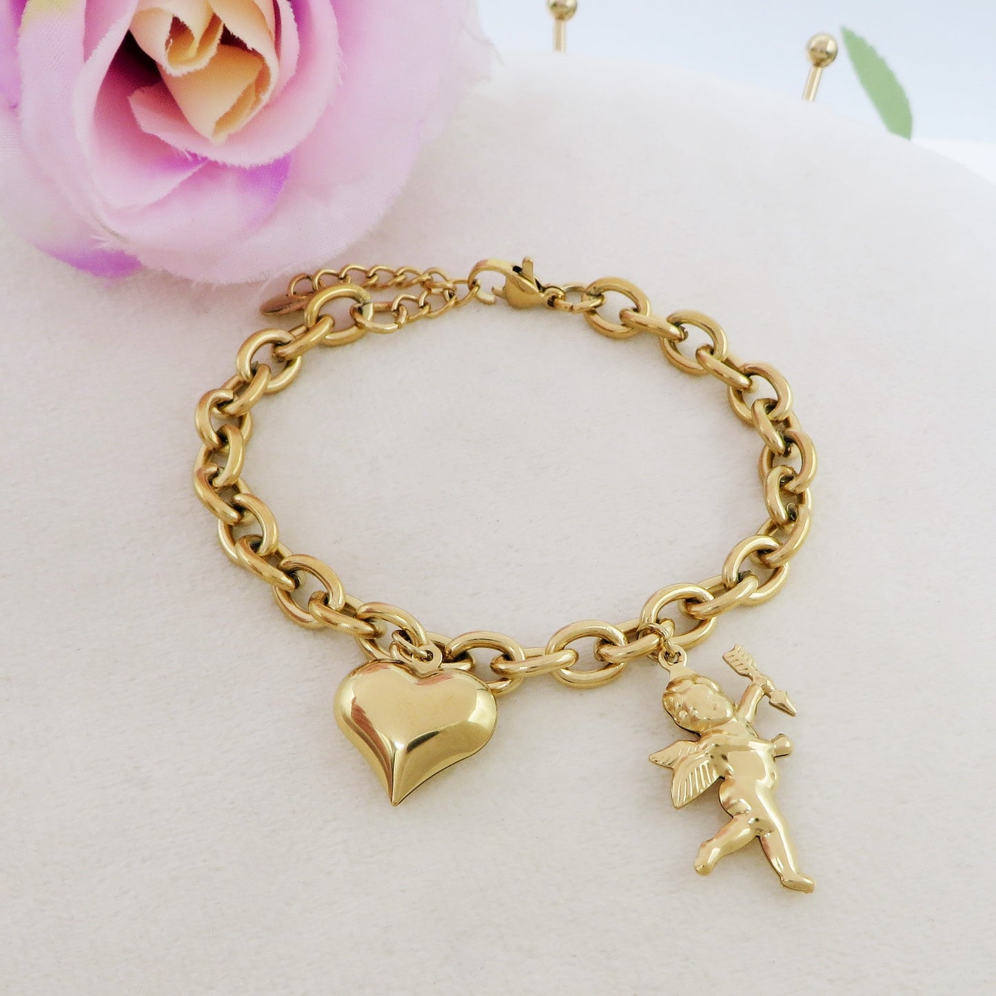 CUPID- Bracciale con angelo cupido e cuore bombe' ACCIAIO INOSSIDABILE