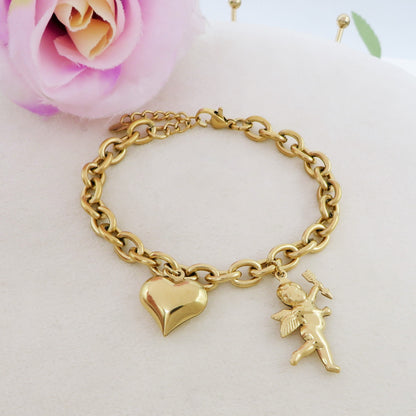 CUPID- Bracciale con angelo cupido e cuore bombe' ACCIAIO INOSSIDABILE