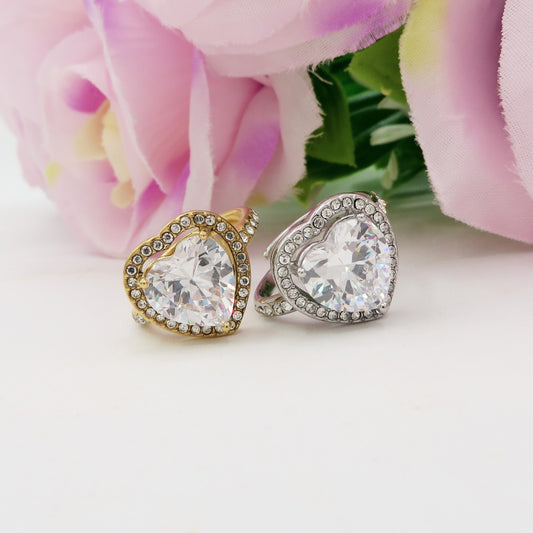 VICTORIA - Anello maxi solitario cuore regolabile in ACCIAIO inossidabile con cubic zirconia
