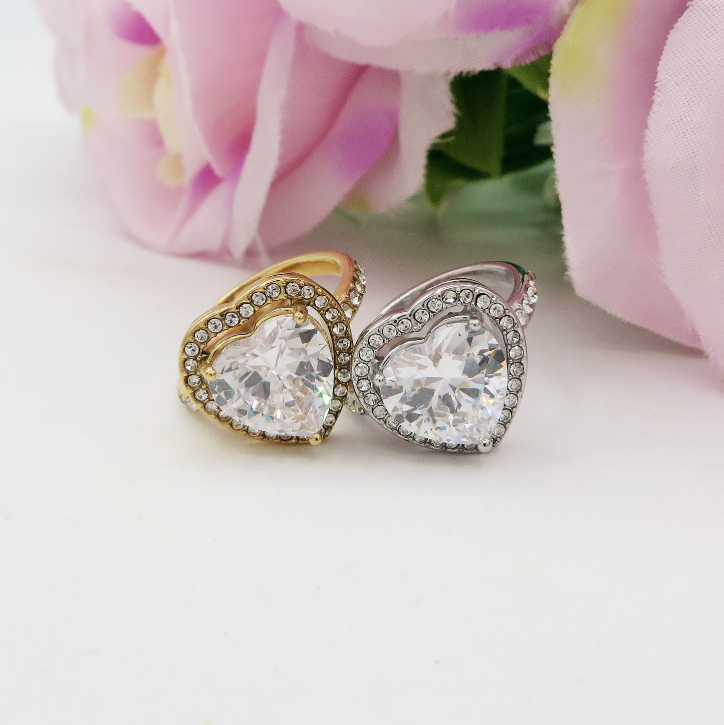 VICTORIA - Anello maxi solitario cuore regolabile in ACCIAIO inossidabile con cubic zirconia