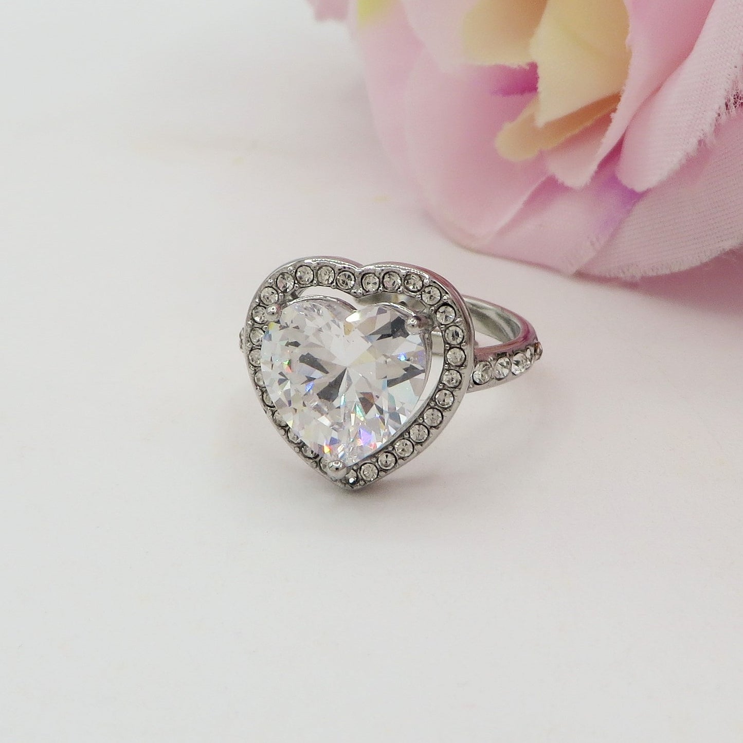 VICTORIA - Anello maxi solitario cuore regolabile in ACCIAIO inossidabile con cubic zirconia