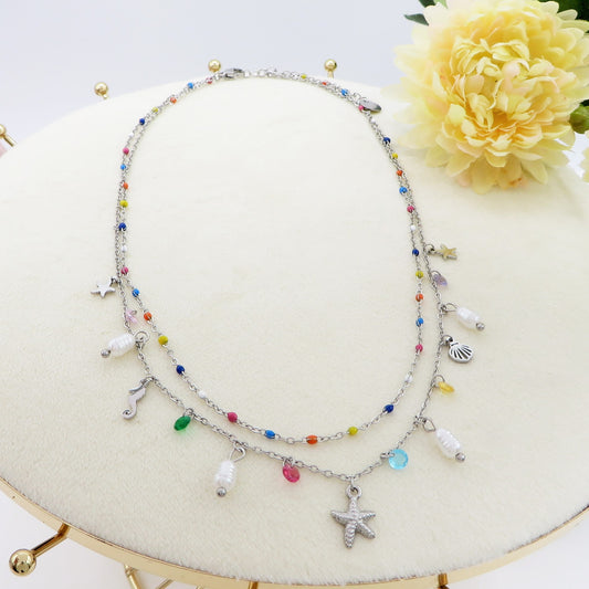 MADEIRA ~ Collana ACCIAIO INOSSIDABILE con perline e charms marini
