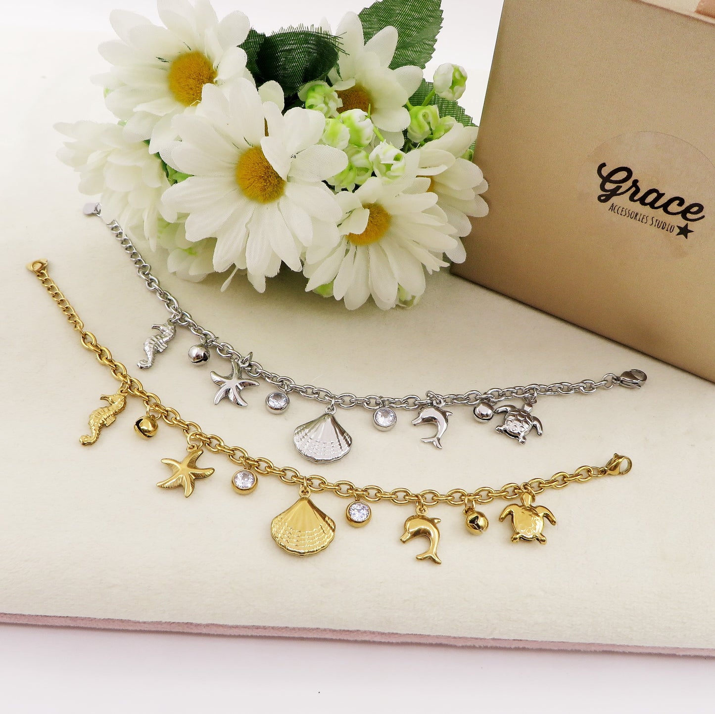 FIJI - Bracciale con charms marini + cubic zirconia ACCIAIO INOSSIDABILE