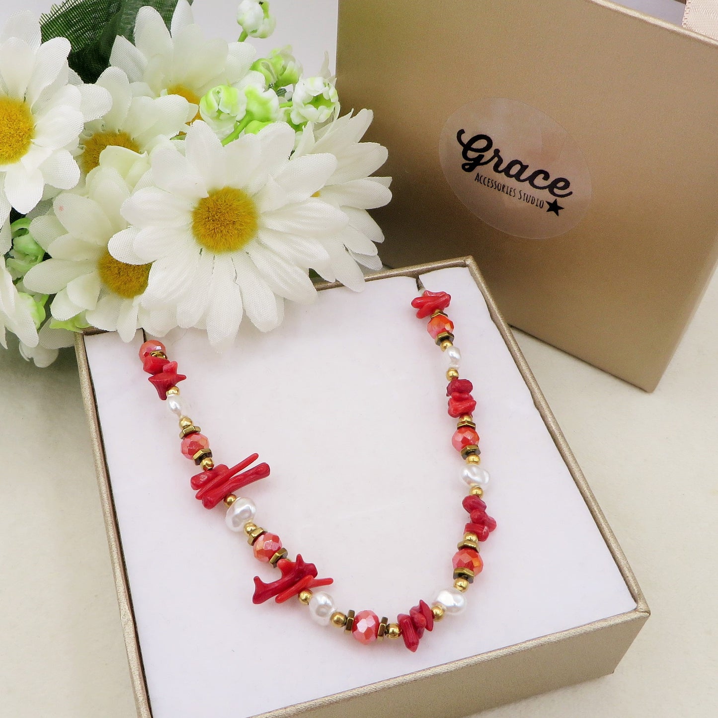 CORAL Collana ~ ACCIAIO INOSSIDABILE - Collana con perle barocche, turchesi e coralli