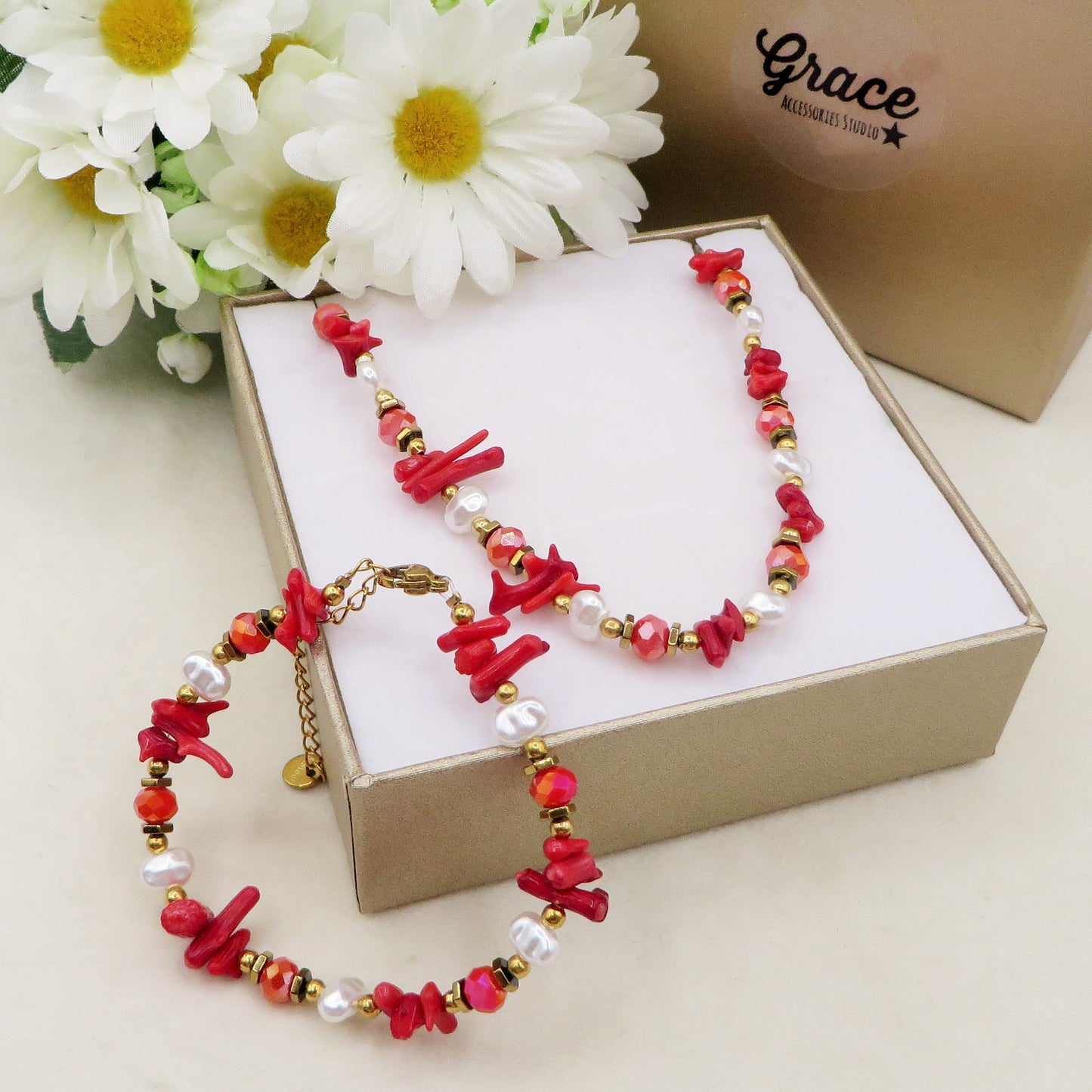 CORAL Collana ~ ACCIAIO INOSSIDABILE - Collana con perle barocche, turchesi e coralli