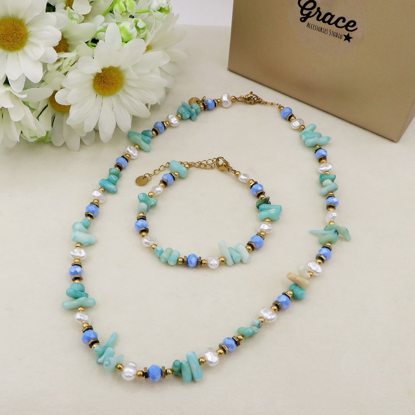 CORAL Collana ~ ACCIAIO INOSSIDABILE - Collana con perle barocche, turchesi e coralli