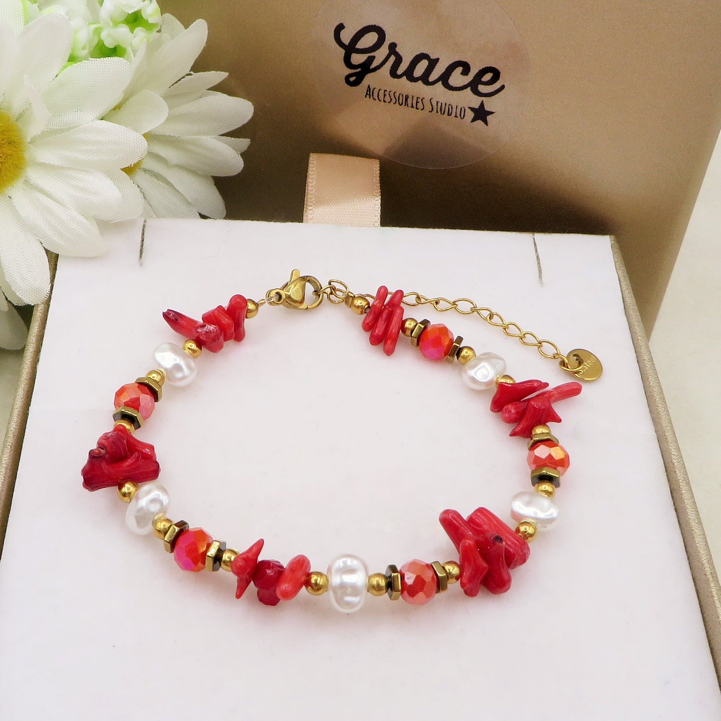 CORAL - ACCIAIO inossidabile - Bracciale con perle barocche, turchesi e coralli