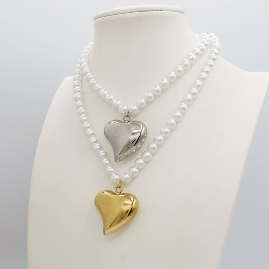 PEARLS BIG LOVE ~ ACCIAIO INOSSIDABILE - Collana perle 8mm ciondolo cuore bombè