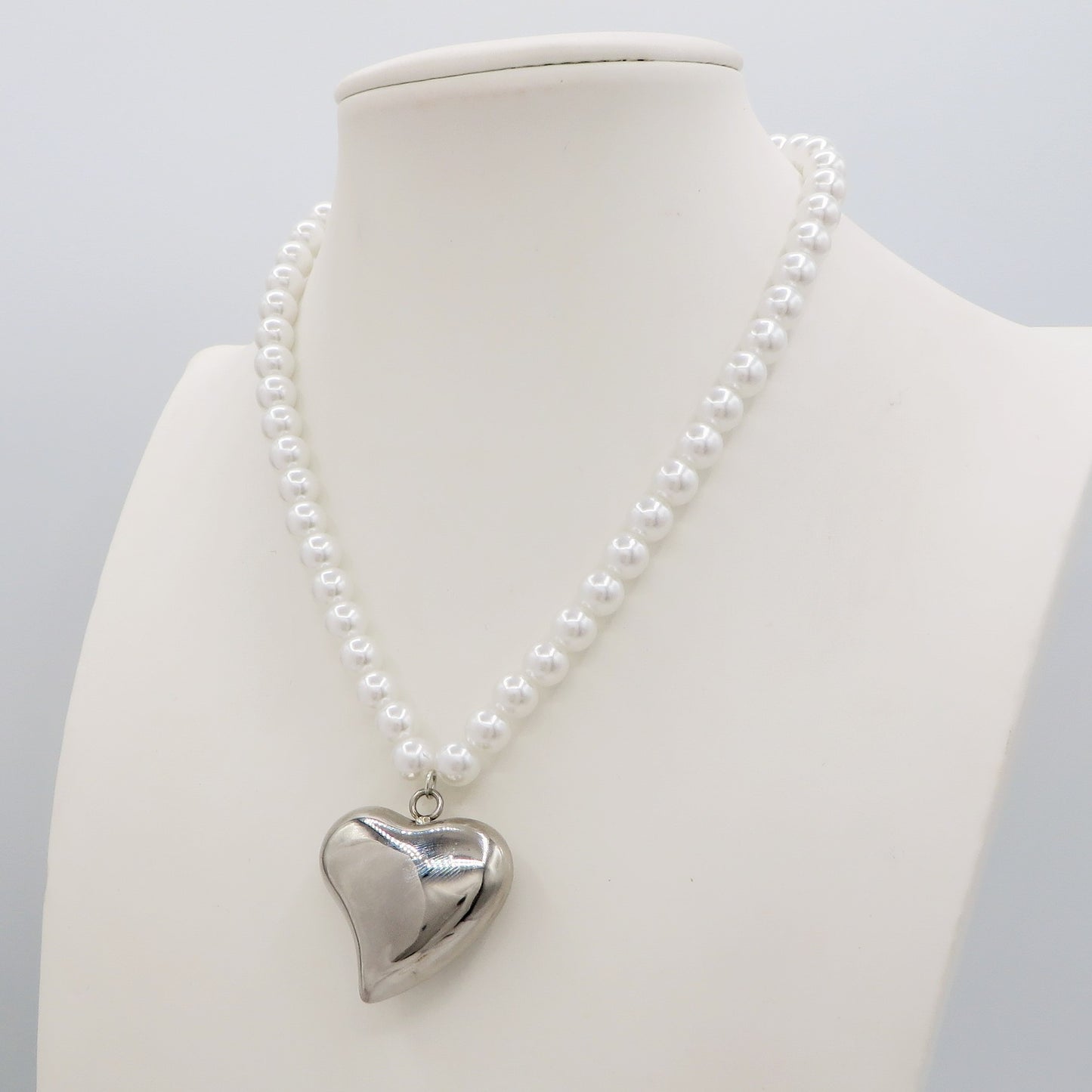 PEARLS BIG LOVE ~ ACCIAIO INOSSIDABILE - Collana perle 8mm ciondolo cuore bombè