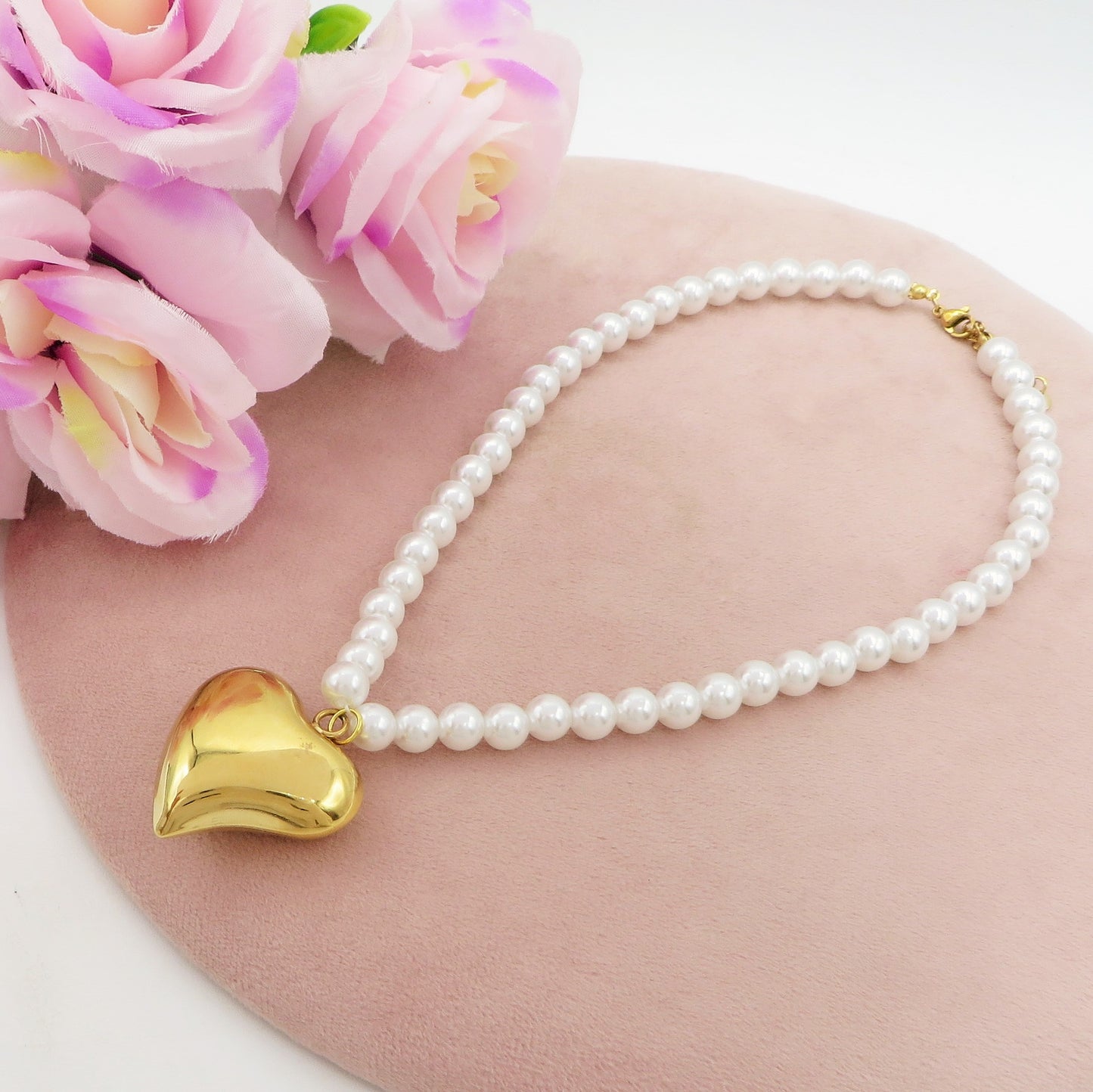 PEARLS BIG LOVE ~ ACCIAIO INOSSIDABILE - Collana perle 8mm ciondolo cuore bombè