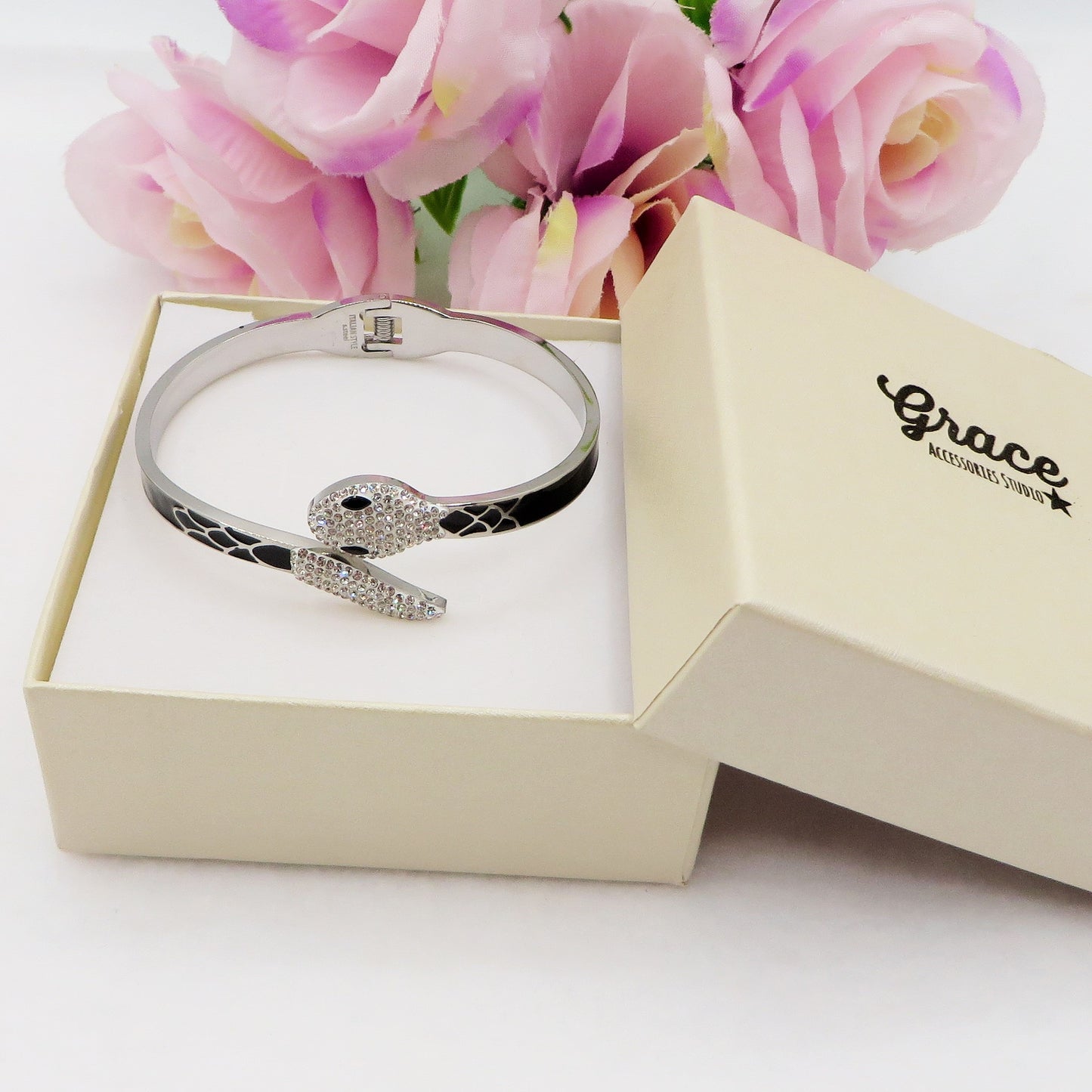NIKITA RAINBOW ~ Acciaio Inossidabile - Bracciale manetta serpente - snake smaltato con cubic zirconia