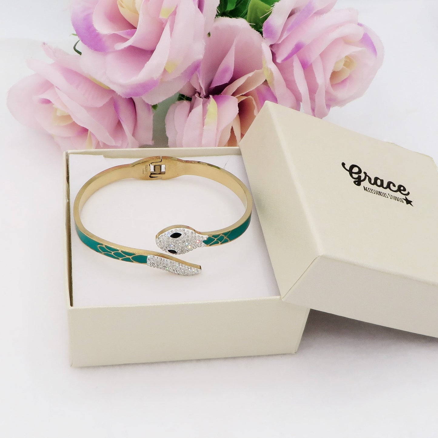 NIKITA RAINBOW ~ Acciaio Inossidabile - Bracciale manetta serpente - snake smaltato con cubic zirconia