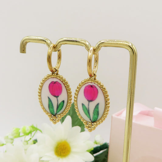 SABINE Orecchini con fiore vintage - Acciaio Inossidabile - Orecchini mini hoops con pendente