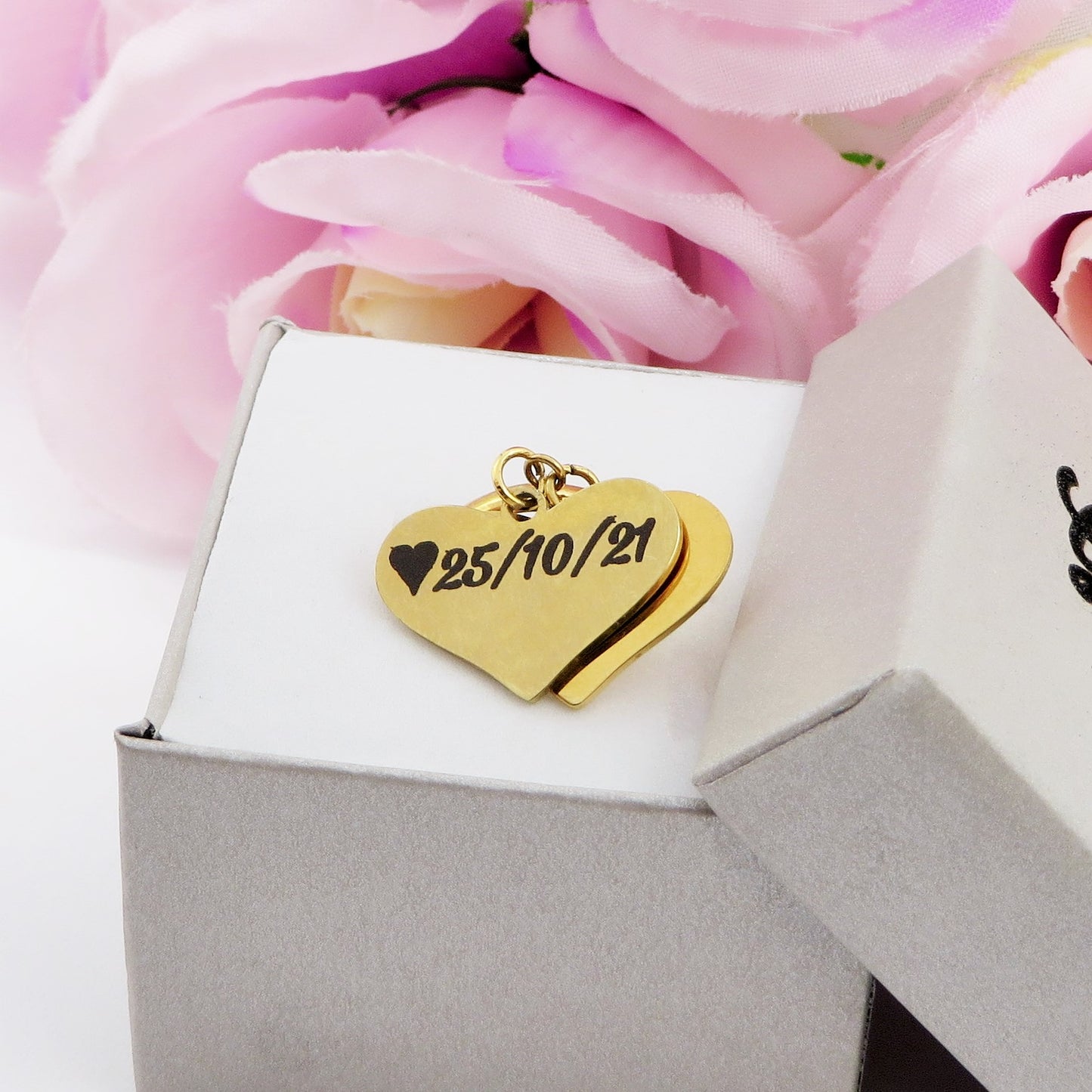 Big Hearts Ring - PERSONALIZZAMI ~ Anello doppio cuore pendente in acciaio inossidabile + INCISIONE PERSONALIZZATA
