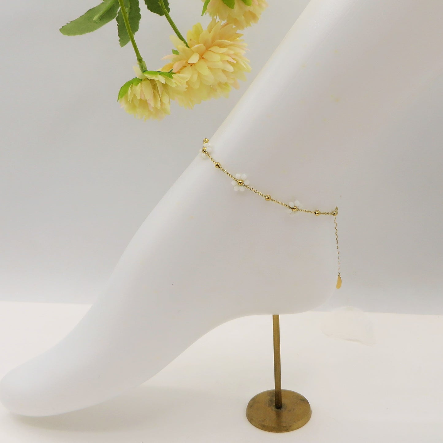 DAISY CAVIGLIERA ~ ACCIAIO INOSSIDABILE ~ Cavigliera con fiori e cristalli