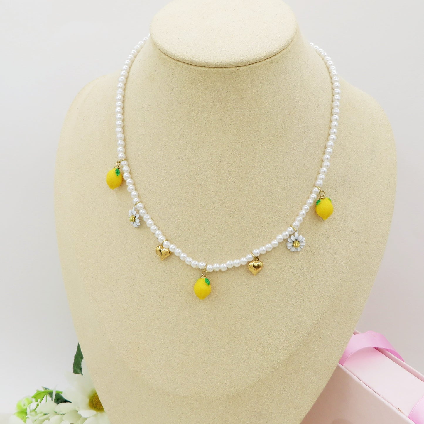 DAISY LEMONS  COLLANA - ACCIAIO inossidabile - Collana catena charms frutta LIMONI e MARGHERITE