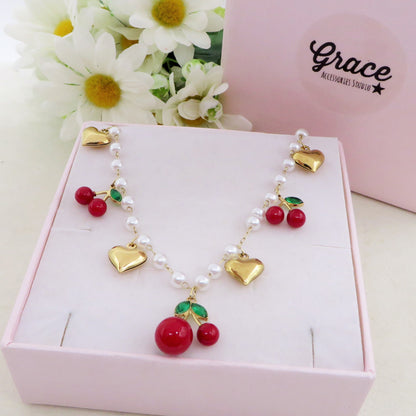 CHERRY PEARLS COLLANA - ACCIAIO inossidabile - Collana catena charms frutta CILIEGIE