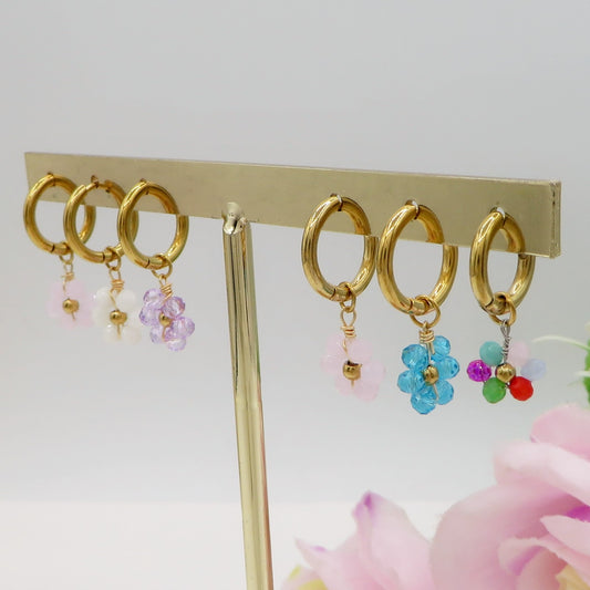 DAISY ~ ACCIAIO INOSSIDABILE Orecchini mini hoops con fiori e cristalli