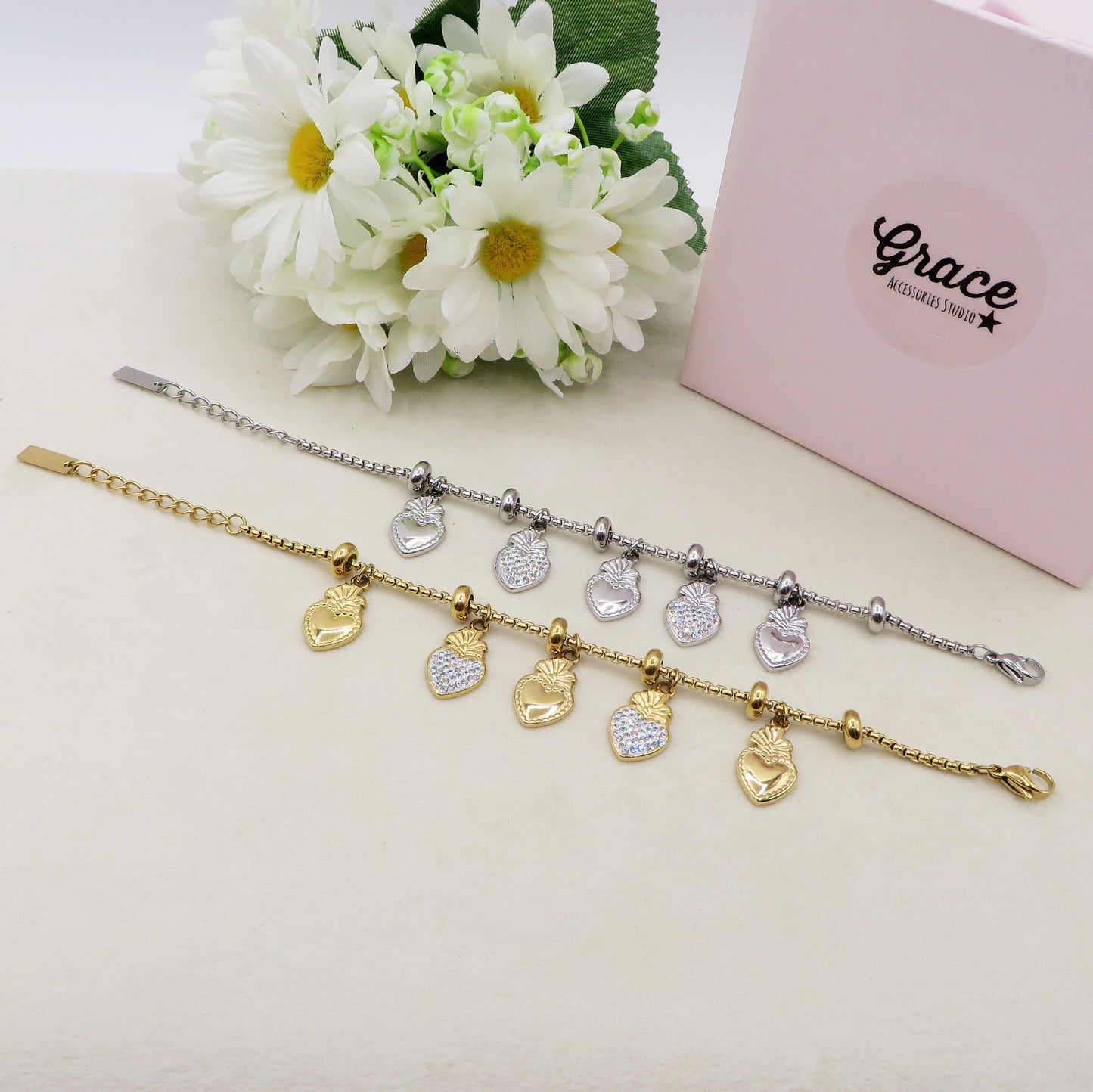 SACRED CRYSTAL - Bracciale con pendenti cuore sacro zirconati e lisci ACCIAIO INOSSIDABILE