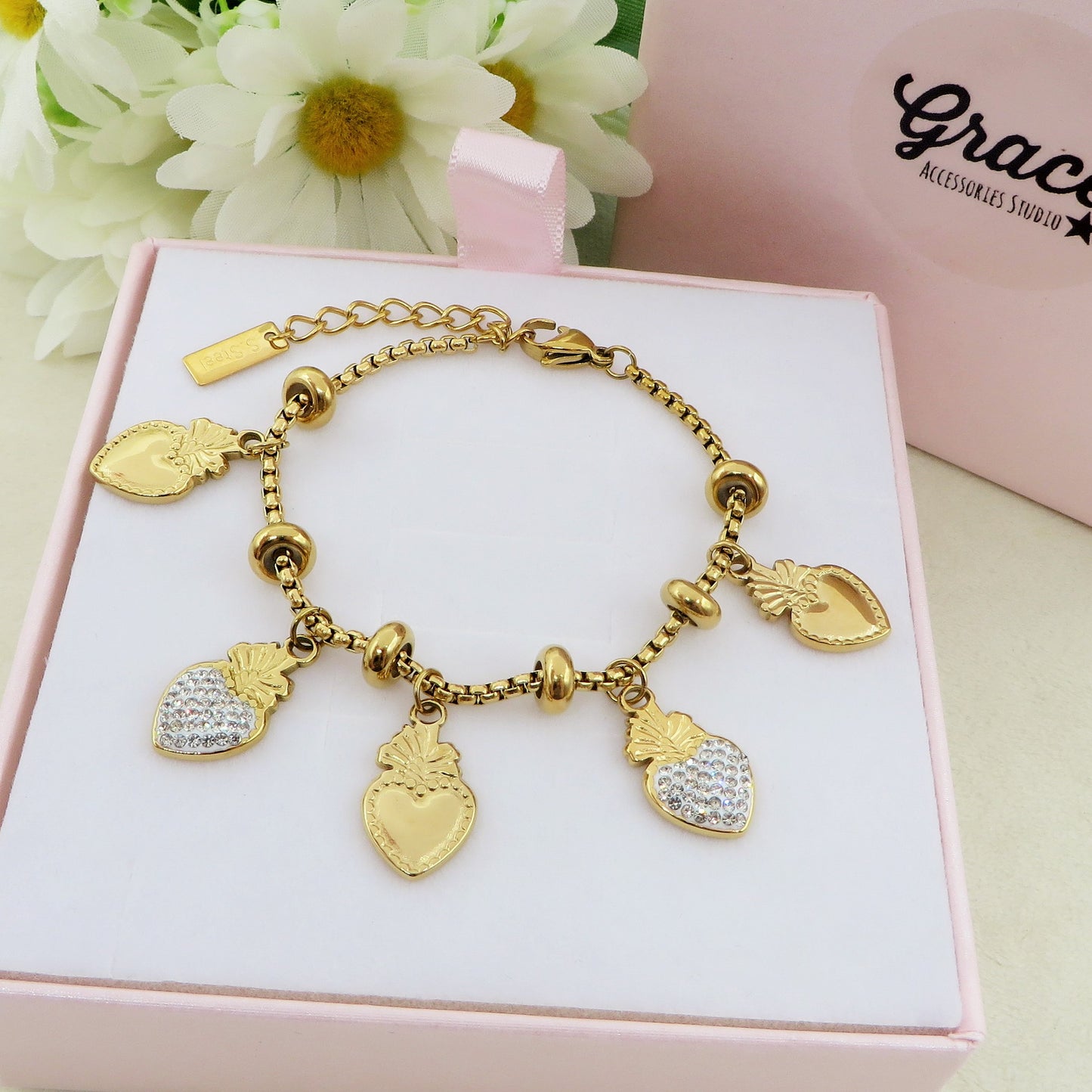 SACRED CRYSTAL - Bracciale con pendenti cuore sacro zirconati e lisci ACCIAIO INOSSIDABILE