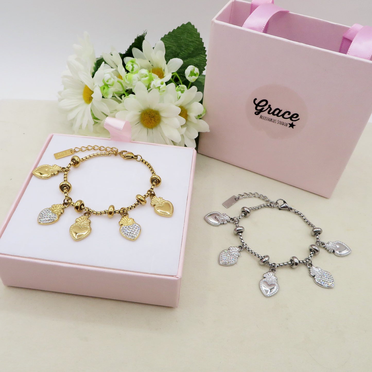 SACRED CRYSTAL - Bracciale con pendenti cuore sacro zirconati e lisci ACCIAIO INOSSIDABILE