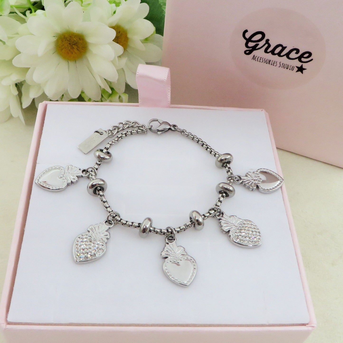 SACRED CRYSTAL - Bracciale con pendenti cuore sacro zirconati e lisci ACCIAIO INOSSIDABILE