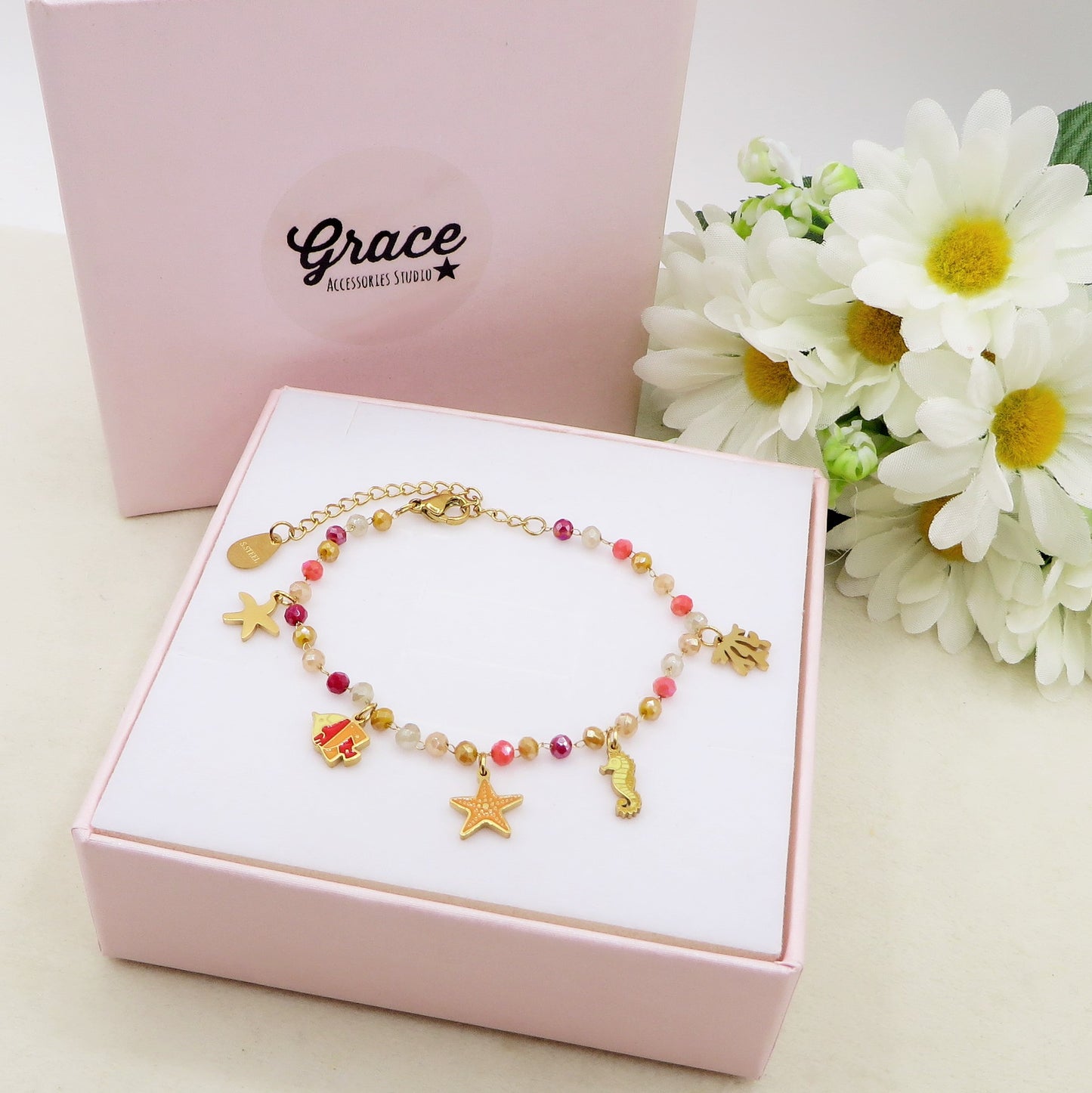 MAORI ~ Bracciale ACCIAIO INOSSIDABILE con cristalli e ciondoli marini