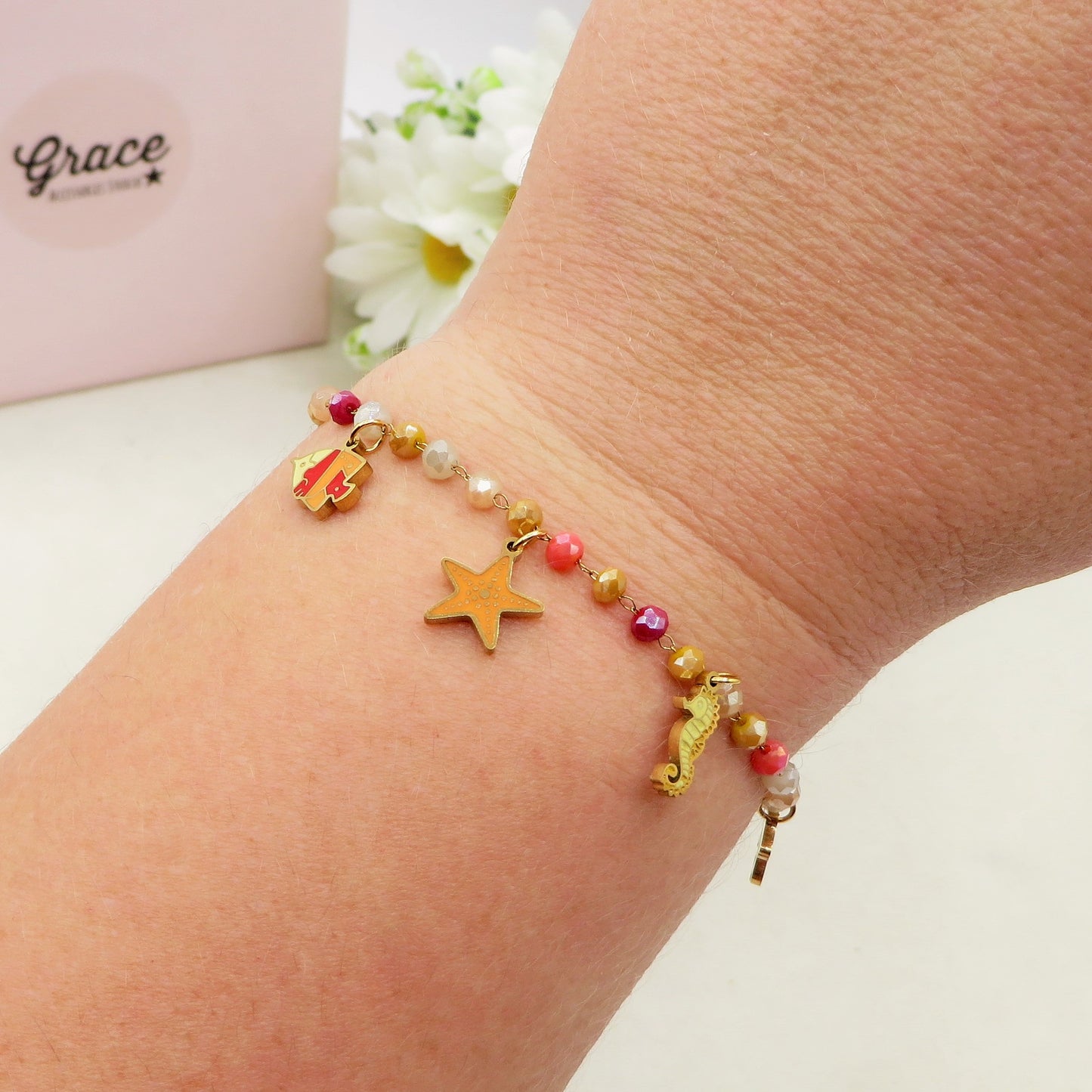 MAORI ~ Bracciale ACCIAIO INOSSIDABILE con cristalli e ciondoli marini