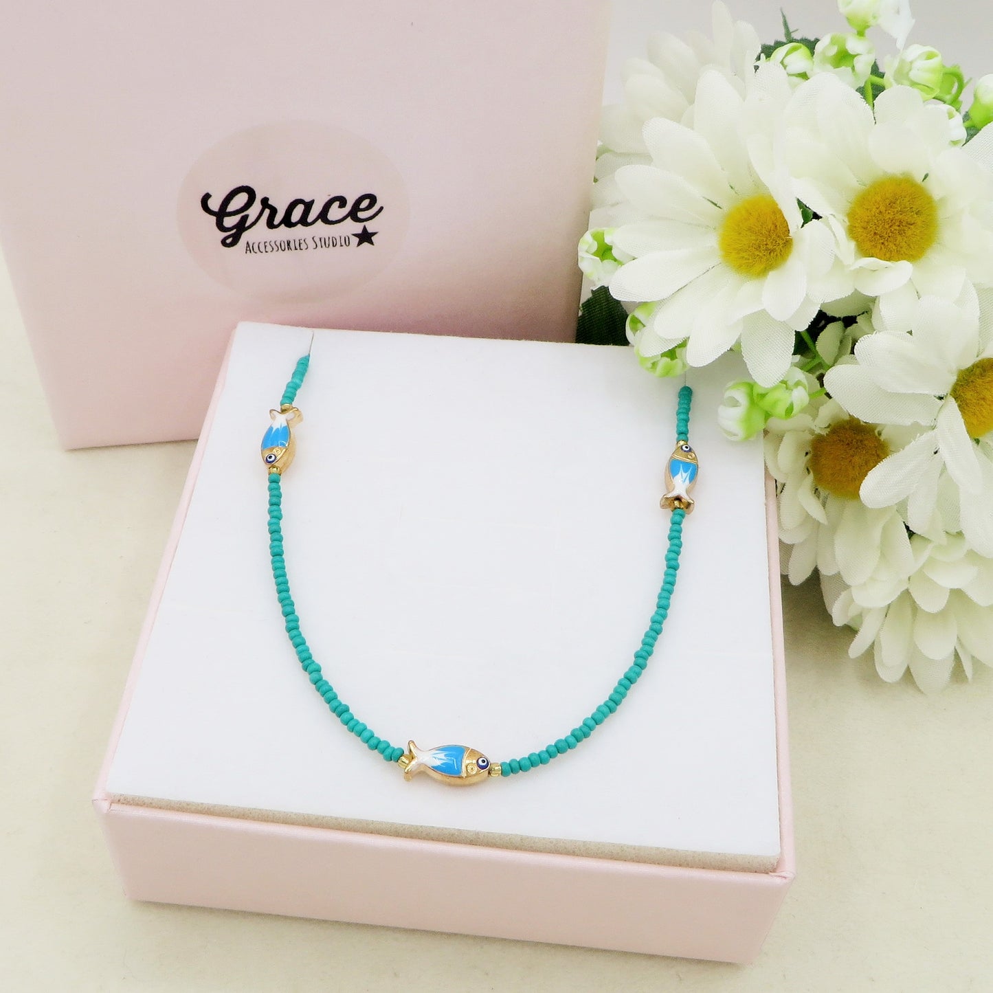 THALASSA - Collana perline cristallo con pesciolini e ACCIAIO inossidabile colori brillanti