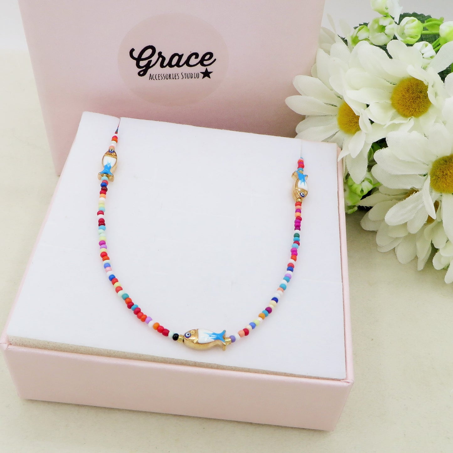 THALASSA - Collana perline cristallo con pesciolini e ACCIAIO inossidabile colori brillanti
